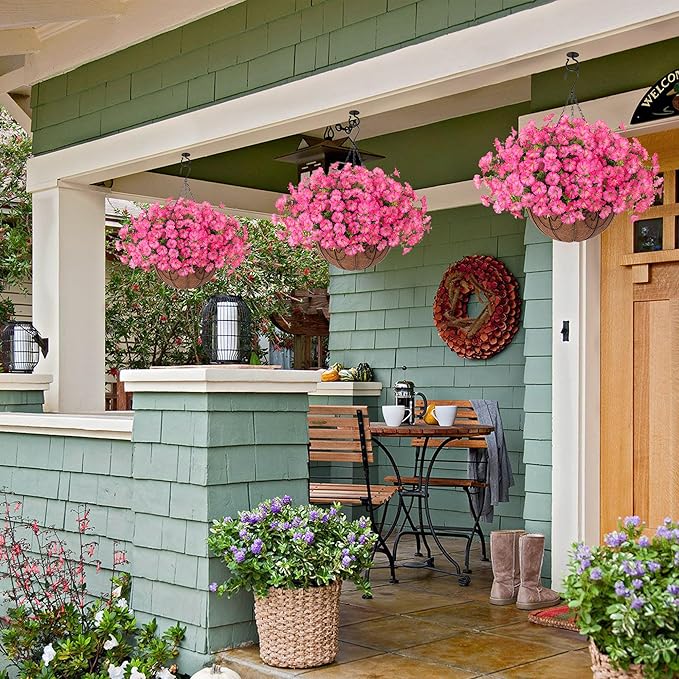 Artificial Faux Hanging Plants Flowers Basket for Outdoors Outside Spring Summer Decoration, Silk Pink Morning Glory in Planter UV Resistant Look Real Fake Flowers for Porch Patio Balcony Home Yard