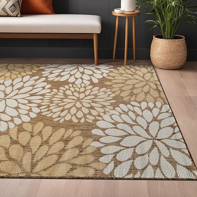 Beverly Rug Outdoor Rug 5x7 Modern Exotic Tropical Leaf Area Rugs for Indoor and Outdoor Patio Deck Porch Garden Water Resistant Washable Outside Carpet (5 x 7 Wooden)