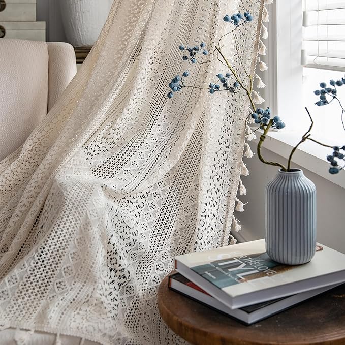 Sutuo Home Boho Curtains Crochet Lace Sheer Bohemian Stylish with Tassels, Window Treatment Privacy Vintage Rustic Farmhouse Drapes for Bedroom Living Room, Rod Pocket 1 Panel 59" W x 102" L, Beige