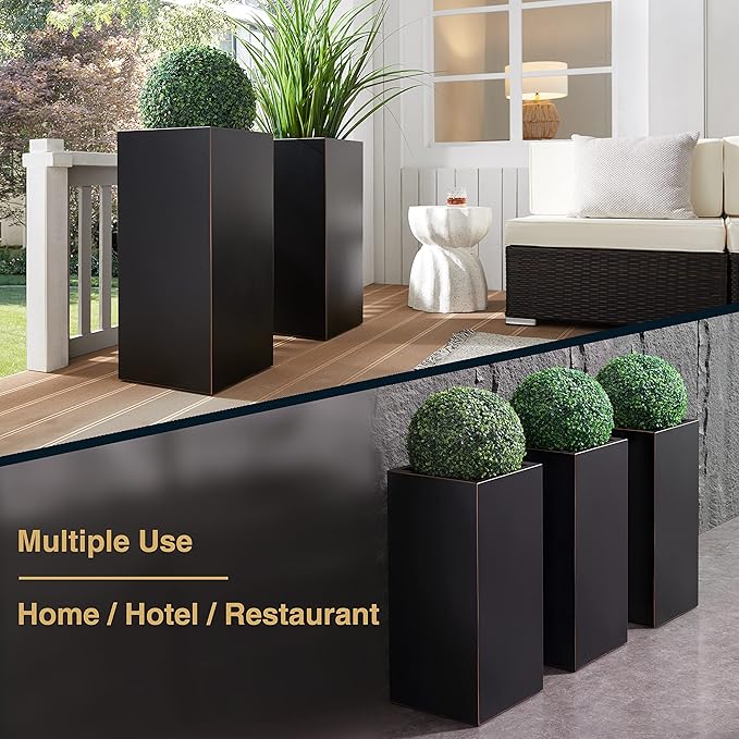Metallic Heavy Planter for Outdoor Plants, 14Lx14Wx30H Inches, Tall Metal Planter Box with Hand Brushed Gold Edge for Outside & Indoor, 25 Pounds, No Assembly and Seamless, Set of 2 (Black)