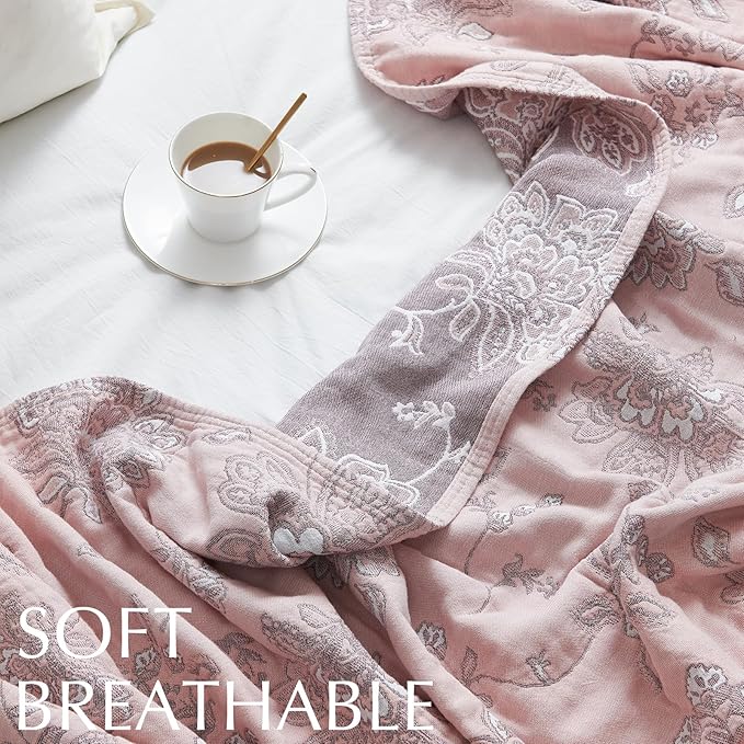 jinchan Boho 100% Cotton Muslin Twin Size 50x60 Inches Blanket Lightweight 4-Layer Quilted Soft Pink Red Floral Throw Blanket Reversible Comfy Flower Breathable All Seasons Couch Bedroom Decor