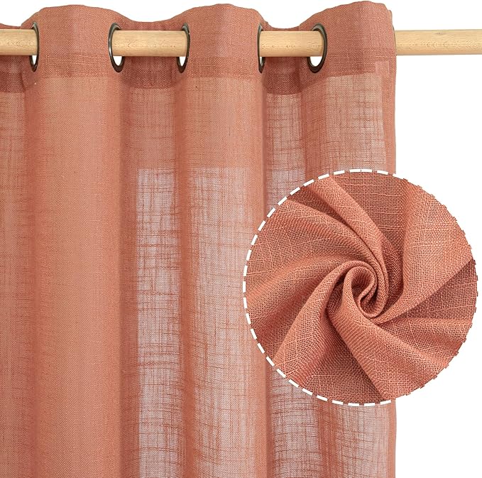 LAMIT Short Linen Window Curtains 30 Inches Long 2 Panels, Terracotta Semi Sheer Light Filtering Panels Bronze Grommet Room Decor Drapes for Basement/Small Windows, 34 x 30 Inch