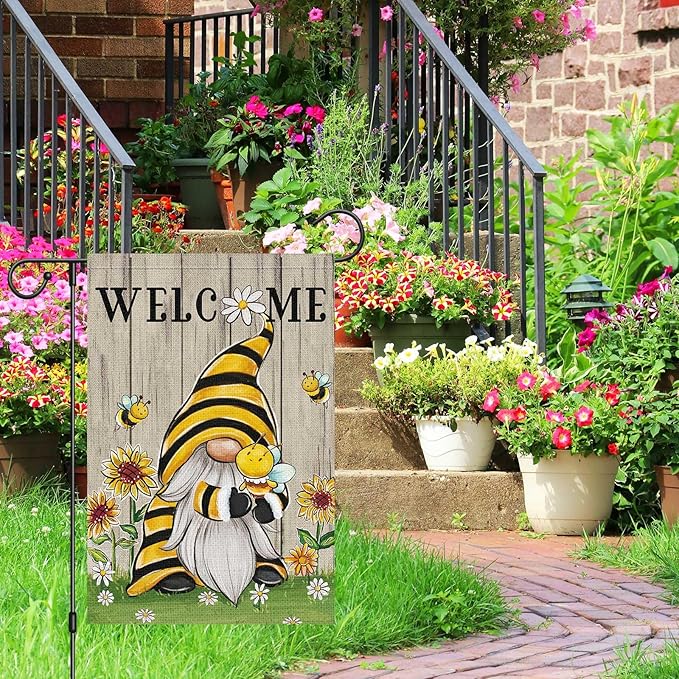 Welcome Summer Gnome Garden Flag Spring Summer Bee Sunflower Yard Flag 12x18 Double Sided Burlap Daisy House Flag for Rustic Seasonal Outside Outdoor House Decoration (ONLY FLAG)