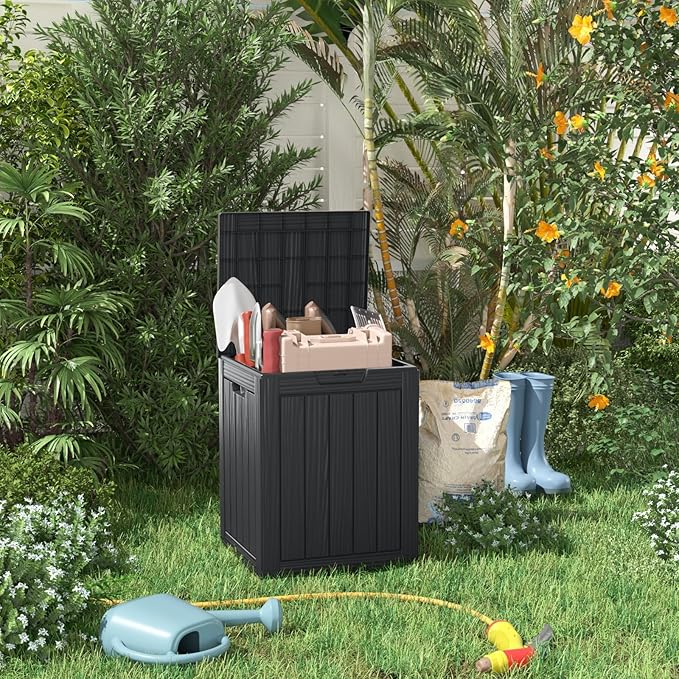 28 Gallon Deck Box Large Outdoor Storage for Patio Furniture,Outdoor Cushions,Garden Tools and Pool Supplies,Waterproof,Resin,Lockable(Black)