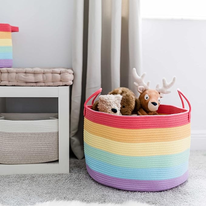 OrganiHaus Large Blanket Basket for Living Room 20x13, Rainbow Rope Basket for Classroom Organization, Toy Storage Basket, Woven Kids Laundry Basket, Baby Toy Box, Cute Storage Basket, Nursery Hamper