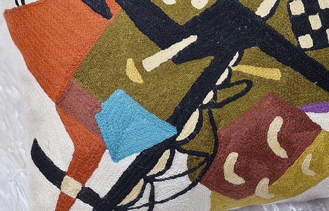 Kandinsky Abstract Pillow Cover - White Modern Throw Pillowcase Cream Chair Cushion Contemporary Farmhouse Pillows Modern Couch Handmade Wool Size 18x18