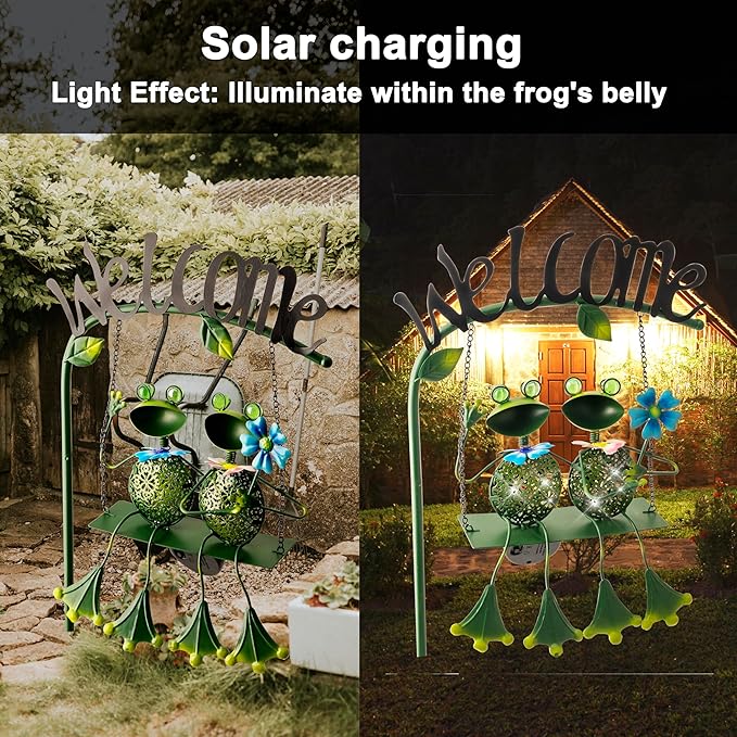 Frog Solar Light Garden Outdoor Decoration Swing Metal Stake Lamp with Welcome Sign Waterproof Patio Yard Decor Gifts-48 inch