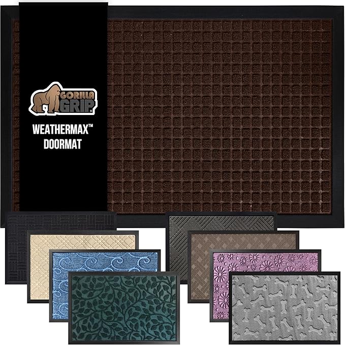 GORILLA GRIP 100% Waterproof All-Season WeatherMax Doormat US Designed Natural Rubber, Stain and Fade Resistant, Low Profile Indoor Outdoor Door Mats, Easy Clean Patio Mat, 17x29, Coffee Square