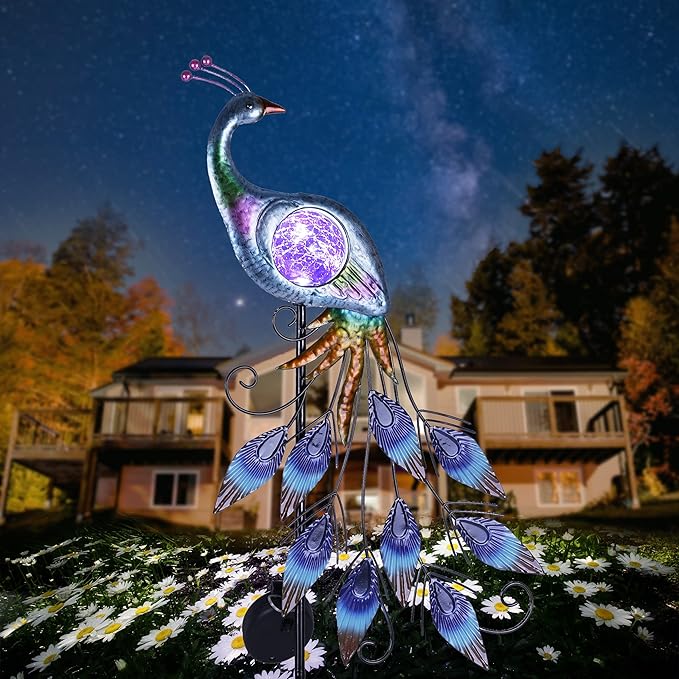 TERESA'S COLLECTIONS Solar Garden Lights Outdoor Garden Decor, Metal Peacock Decorations for Yard, 33'' Purple Decorative Garden Stake for Outside with Crackle Glass Ball, Lawn Party Gifts for Mom
