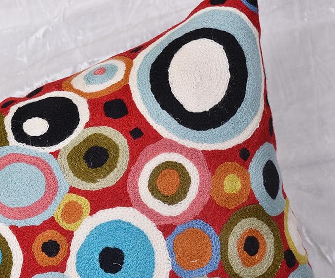Red Polka Dots Pillow Cover | Reds Contemporary Pillows | Farmhouse Chair Cushion | Modern Outdoor Pillows | Red Throw Chair Pillow | Hand Embroidered Cushions Wool Size - 18x18