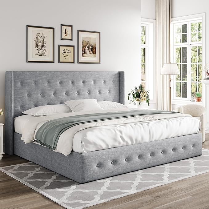 Allewie King Size Lift Up Storage Bed, Button Tufted Headboard with Wingback, Hydraulic Support, No Box Spring Needed, Light Grey