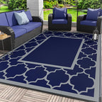 GENIMO 6' x 9' Outdoor Rug Waterproof for Patio Decor, Foldable Reversible Plastic Straw Area Rugs Mat for Camper, Outside Carpet for Rv, Deck, Porch, Picnic, Beach, Balcony, Blue & Grey