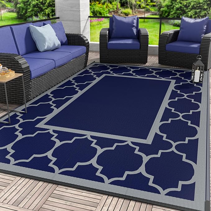 GENIMO Outdoor Rug 8' x 10' Patio Waterproof, Foldable Reversible Plastic Straw Area Rugs Mat for Camper Decor, Outside Carpet for Rv, Deck, Porch, Picnic, Beach, Balcony, Blue & Grey