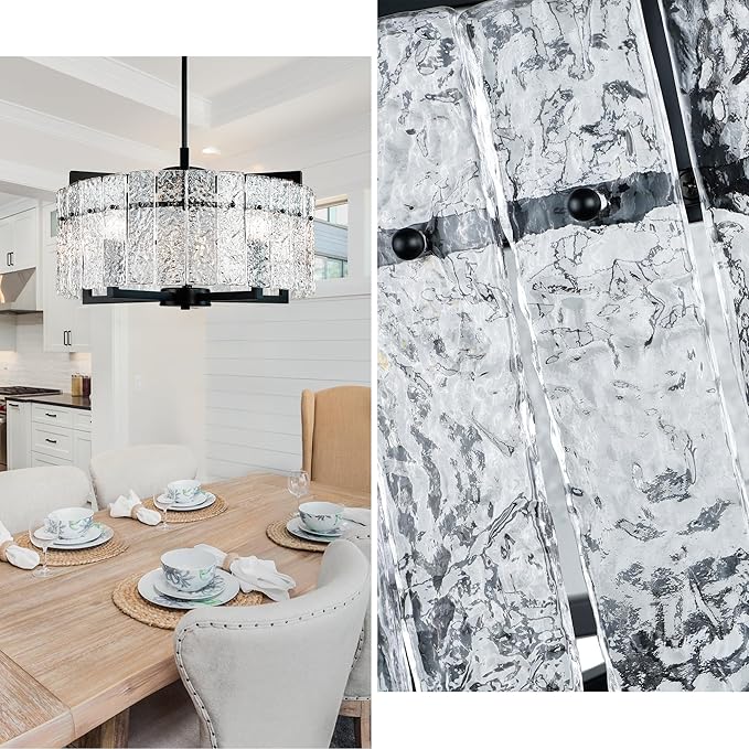IKK Modern Black Crystal Chandeliers for Dining Room, Luxury Water Ripple Glass Light Fixture, Elegant Farmhouse Round Lighting for Kitchen Island, Bar Table, D20