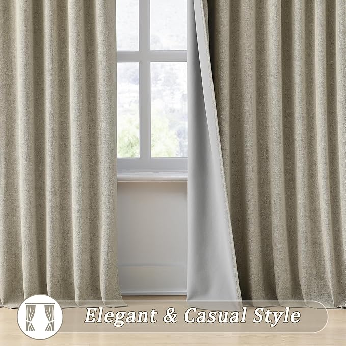RAIN CITY 102 Inch Long Blackout Curtains for 2 Panels,Energy Efficinet Room Darkening Linen Blend Textured Curtains with Hooks,Track System Black Out Curtains for Living Room Bedroom,2 Panels,Taupe