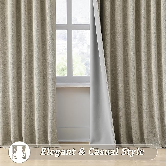 RAIN CITY Taupe Blackout Linen Blend Curtains&Drapes 144 Inch Long 12ft Length Custom Made High Ceiling Draperies with Hooks 2 Story Light Blocking Curtains for Loft Sliding Door 50 Wide Set of 2