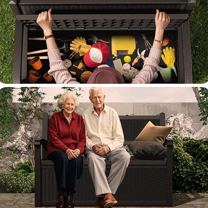 80 Gallon Storage Bench Deck Box Waterproof Lockable,Outdoor Storage Furniture for Patio,Garden and Porch,Tools and Cushions（Black）