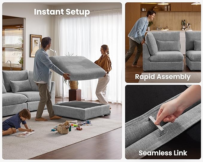 Oversized Modular Sofa, Extra Deep Cloud Chenille Sectional Couch with Ottoman Chaise, Fluffy Chenille 2 Seater Sofa Bed for Living Room, Villa (Loveseat Sofa, Chenille Grey)
