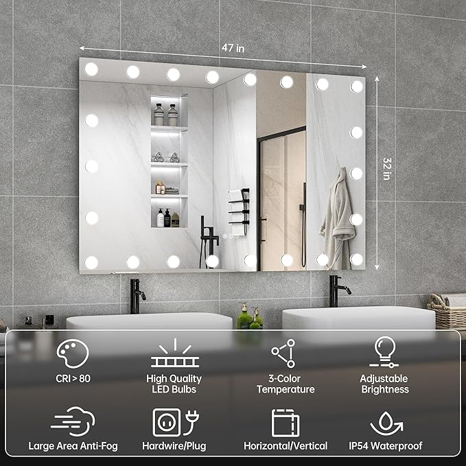 Hasipu LED Bathroom Mirror with Lights, 47" x 32" Hollywood Wall-Mounted Bathroom Mirror with 22 Dimmable Bulbs, 3 Colors Modes, Touch Control, Anti-Fog, Memory Function, Shatter-Proof, ETL Listed
