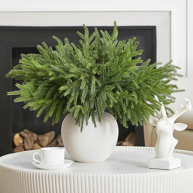 WeGuard 16 Pcs Real Touch Artificial Norfolk Pine Branches, 18 Inches Faux Cedar Pine Stem Fake Christmas Greenery Picks for Vase DIY Garland Wreath Christmas Decor Home Decor