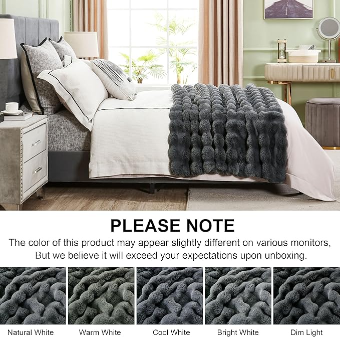 DREAMNINE Large Soft Thick Fuzzy Bubble Faux Rabbit Fur Bed Blanket Queen Size 80" x 90",Reversible Gray Plush Big Warm Shaggy Fluffy Blankets for Sofa, Solid Luxury Cozy Cute Bumpy Furry Blanket,Grey