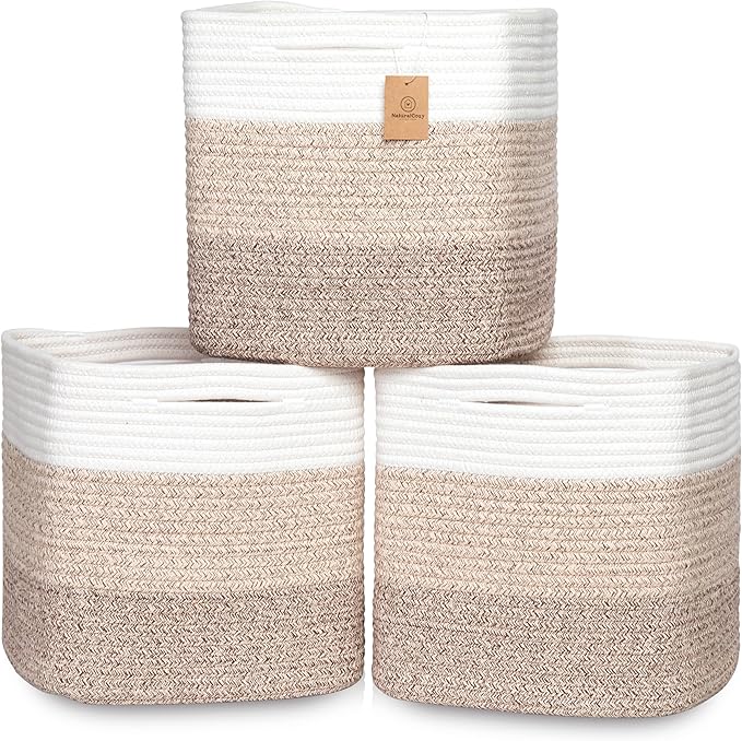 NaturalCozy 13 Inch Cube Storage Bins Cotton Rope Woven Baskets for Organizing 3-Pack | 13 x 13 Storage Cubes | Fabric Square Storage Baskets for Shelves Organizer, Kids Toy Bins, Closet Baby Nursery