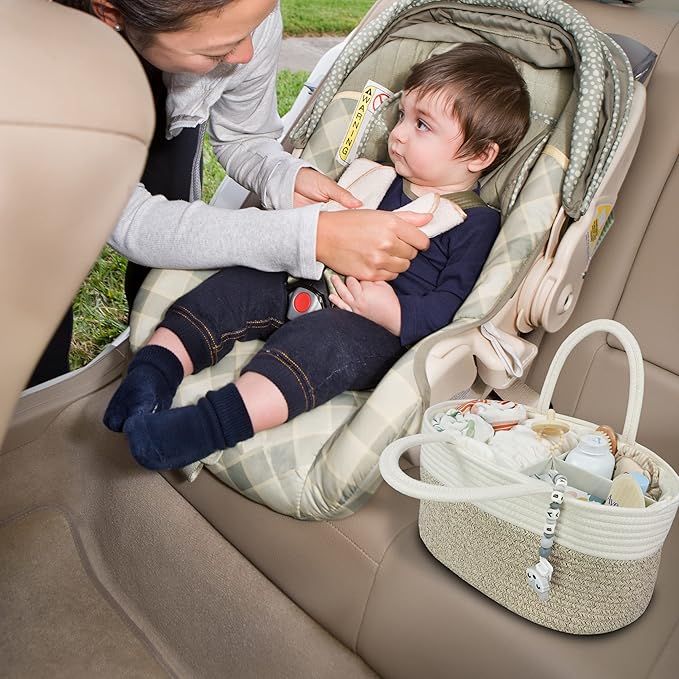 Large Baby Diaper Caddy Organizer for Girl Boy Rope Nursery Storage Bin Basket Portable Holder Tote Bag for Changing Table Car Travel Baby Shower Gifts Newborn Registry Must Haves White and Brown