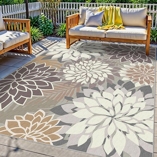 Indoor Outdoor Area Rug Washable Multicolored Patio Rug Tropical Botanical Modern Floral Indoor Outdoor Carpet Brown White Rug Non Slip Non Shedding for Patio, Deck, Backyard, Porch (9x12)
