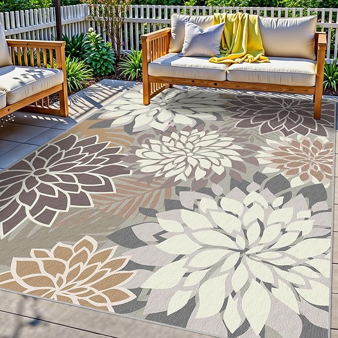 Indoor Outdoor Area Rug Washable Multicolored Patio Rug Tropical Botanical Modern Floral Indoor Outdoor Carpet Brown White Rug Non Slip Non Shedding for Patio, Deck, Backyard, Porch (6x9)