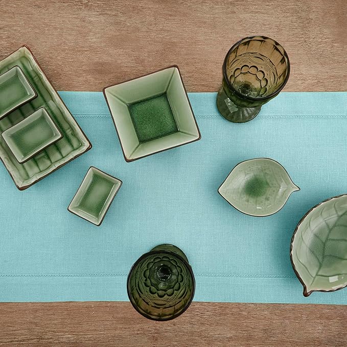 Solino Home Linen Aqua Blue Table Runner 132 Inches Long - 100% Pure Linen Extra Long Table Runner 14 x 132 Inch - Classic Hemstitch