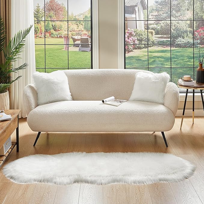 AMTOVO Faux Sheepskin Rug, White Ultra Soft Fluffy Shag Area Rug, 2 x 6 ft Faux Fur Rug for Bedroom Sofa Throw Cushion Room Decor, Sheepskin