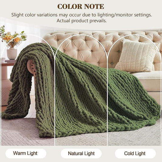 Carriediosa Chunky Knit Throw Blanket 60" X 80" Twin, 100% Hand Made Large Chenille Loop Yarn Soft Fluffy Throws for Couch Sofa Bed, Big Crochet Cozy Heavy Thick Cable Woven Blankets, Olive Green