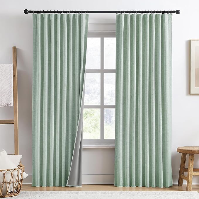 RAIN CITY Light Green Linen Blackout Curtains 90 Inch Long for Living Room,2 Panels Pinch Pleated Drape with Hooks Back Tab Boho Decor, Textured Full Black Out Curtains for Bedroom 50 x 90