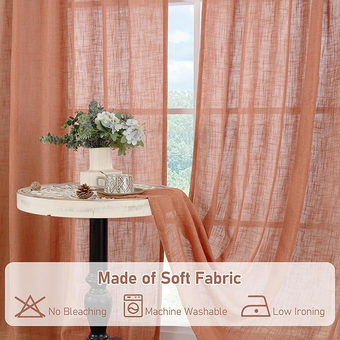 LAMIT Short Linen Curtains 40 Inch Length for Kitchen, Semi Sheer Light Filtering Window Curtains Farmhouse Boho Bronze Grommet Panels for Cafe/RV Camper, Terracotta, 2 Panels, 34 x 40 Inch