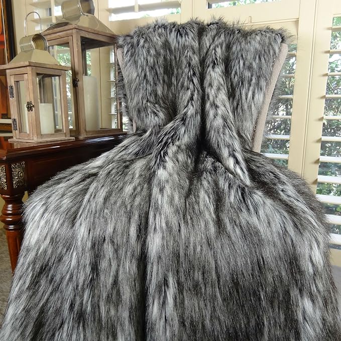 Exotic Siberian Husky Faux Faur Throw Blanket - Gray White Black Husky Fur - Gray Faux Fur Throw Blanket - Luxury Soft Faux Fur, Handmade in US, 16411