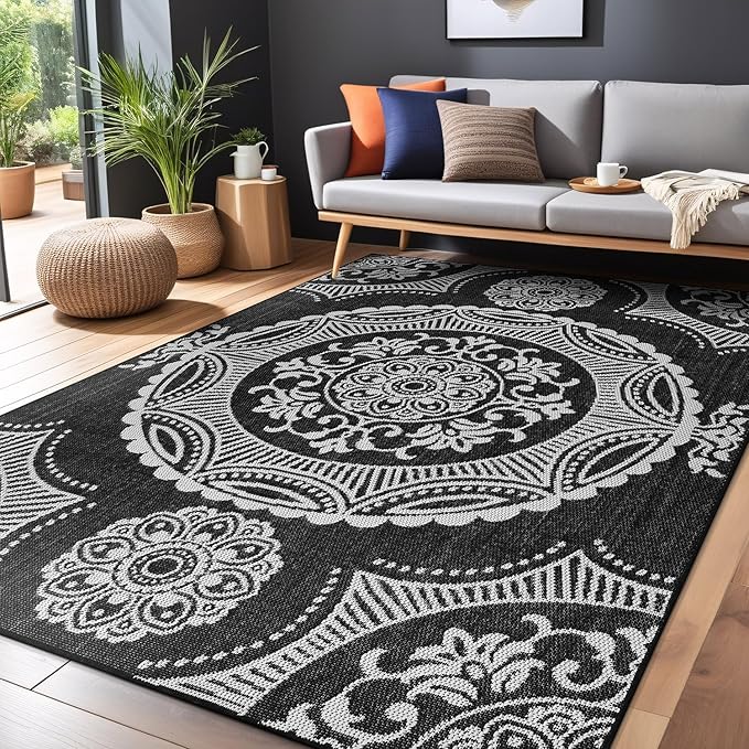 Medallion Outdoor Rug 8x10 Washable Outside Carpet for Indoor Patio Porch Waterproof Easy Cleaning Non Shedding Area Rugs Black 8 x 10