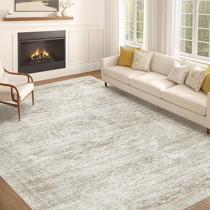 Washable Area Rugs for Living Room -10x13 Neutral Vintage Distressed Floral Farmhouse Boho Large Soft Floor Rug Indoor Non Slip Carpet for Living Room Bedroom Dining Room Office-Beige