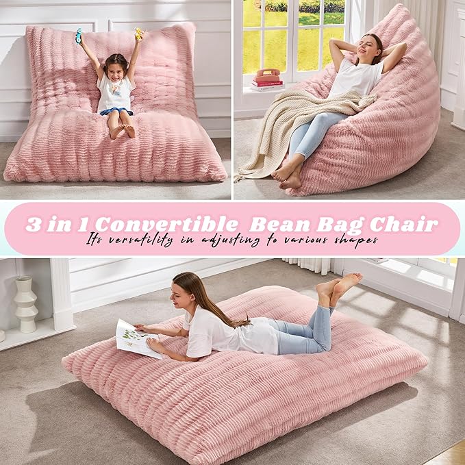 Hobestluk 3 in 1 Bean Bag Chair Giant Bean Bag Chairs for Adults with Ripple Cover Convertible Bean Bag Floor Cushion with Machine Washable Cover for Living Room (Ripple Pink)