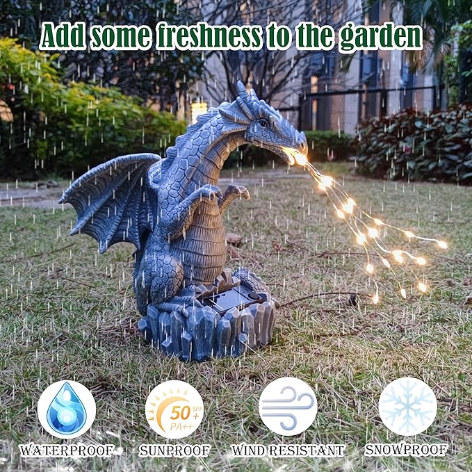 Dragon Solar Garden Statues Outdoor Decoration with LED Light Strings,Dragon Figurine Solar Lights Lawn Décor,Outside Statue Ornament for Patio, Balcony, Yard,Unique Gifts for Mom Grandma