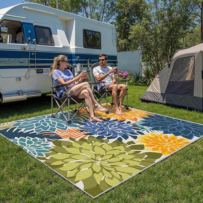 Indoor Outdoor Area Rug Washable Multicolored Patio Rug Tropical Botanical Modern Floral Indoor Outdoor Carpet Non Slip Yellow Green Rug Non Shedding for Patio, Deck, Backyard, Porch (5x8)