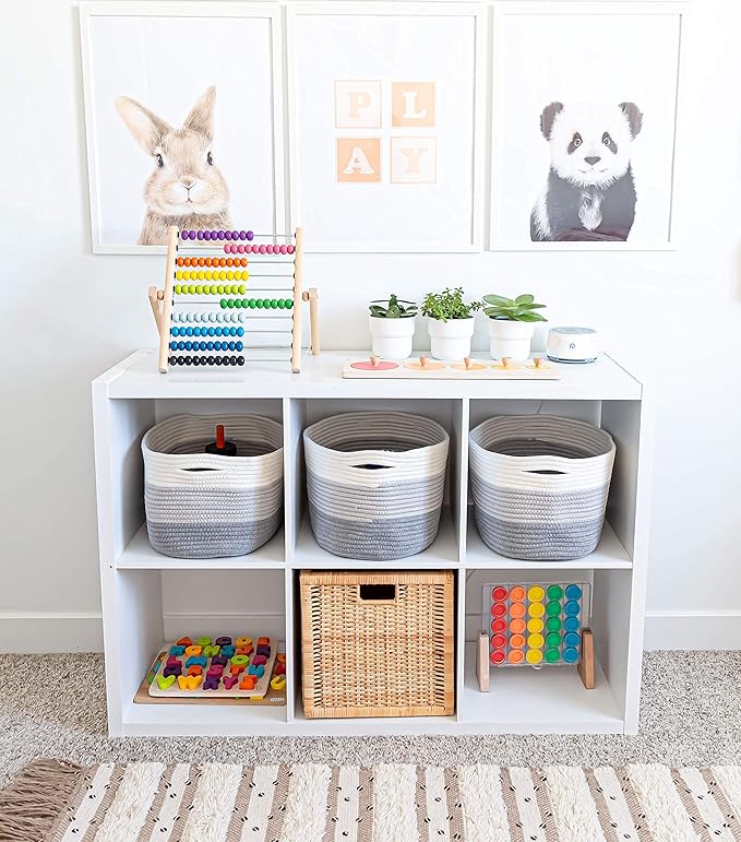 OrganiHaus Set of 3 Woven Storage Baskets for Organizing, Cotton Rope Organizer Bins for Shelves, Closet & Nursery, Dog Toy Basket, Decorative Bins for Toys, Towels & Books - 15x10x9, Grey