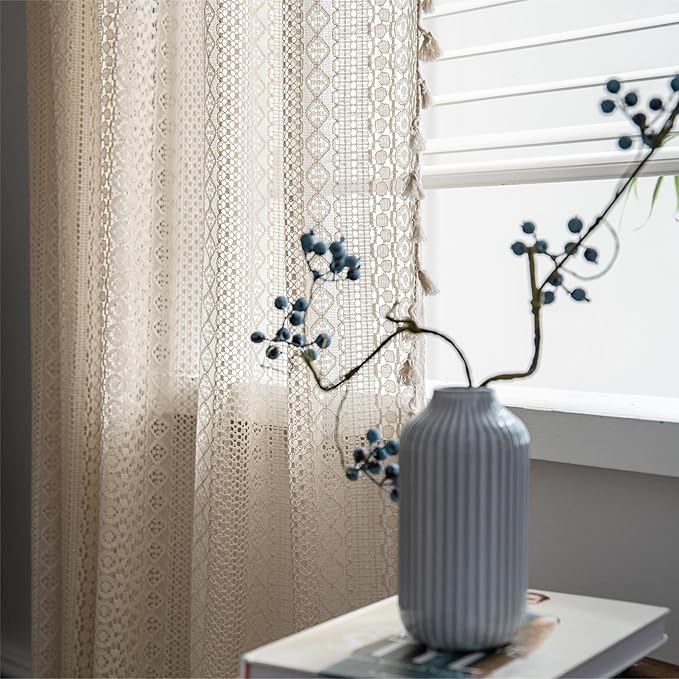 Sutuo Home Boho Curtains Crochet Lace Sheer Bohemian Stylish with Tassels, Window Treatment Privacy Vintage Rustic Farmhouse Drapes for Bedroom Living Room, Rod Pocket 1 Panel 59" W x 102" L, Beige