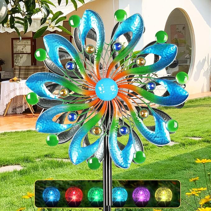 Wind Spinners for Yard and Garden - Wind Sculptures & Spinners, 75 Inch, Navy Blue, Kinetic Art with Solar Powered Multi-Color Glass Ball Light
