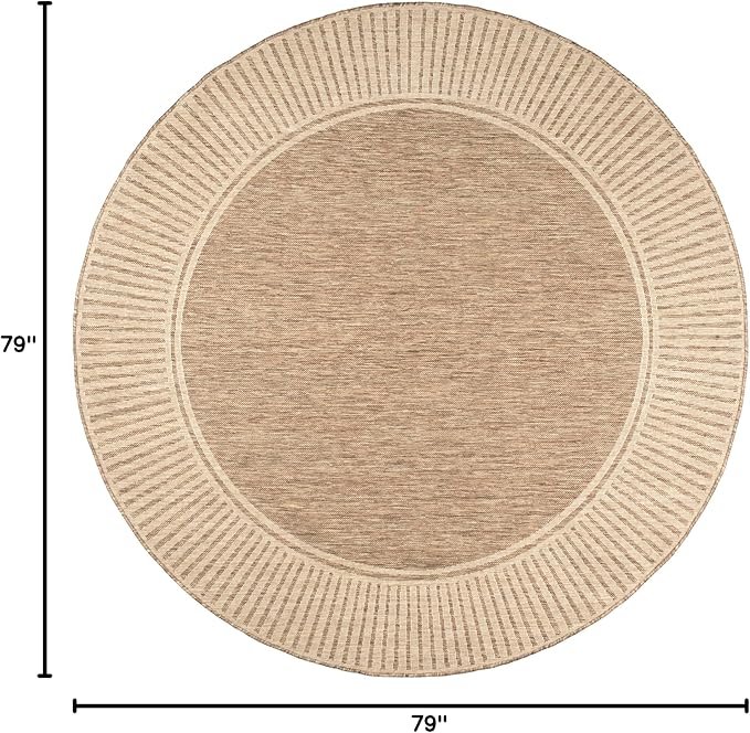 nuLOOM 6'7" Round Outdoor Area Rug, Casual Design With Striped Border, Stain Resistant, Highly Durable, For Patio, Balcony, Bedroom, Living Room, Dining Room, Bathroom, Light Brown