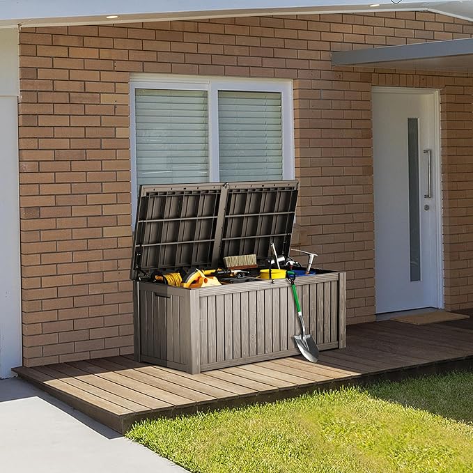 150 Gallon Double-Wall Resin Deck Box - Lockable Waterproof Outdoor Storage Box, 1000lbs Capacity & Doubles as Seating for Patio Furniture - Garden Tools, Pool Accessories (Brown)