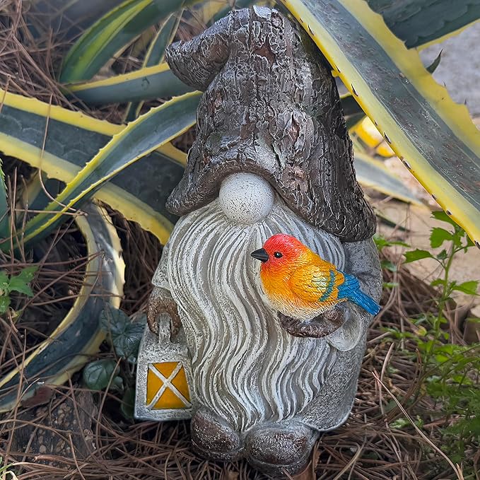 Mood Lab Garden Gnome - Stone Gnome Figurine - 9.1 Inch Tall Lawn Statue with Bird - for Outdoor or House Decor