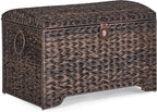 Handwoven Storage Basket with Lid, 178L Plastic Rattan Storage Bin, Leather Buckle & Metal Frame, Large Metal Ring Handles, Storage Trunk for Bedroom, Laundry Room