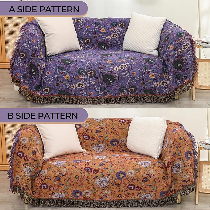 Boho Fall Throw Blanket for Bed Purple Flowers，100% Ultra Cotton Soft Breathable Bed Throw Floral Printed Farmhouse Decor Rustic Bed Throws for Couch Sofa Quilt 90" x 98"