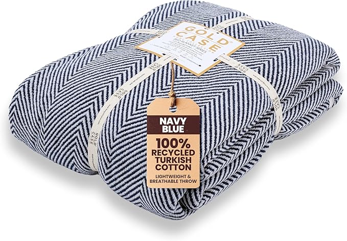 Gold Case Throw Blanket for Bed – 100% Recycled Turkish Cotton Bed Blanket – Decorative Throw Cotton Blankets for Living Room & Bedroom – Elegant Navy Blue Woven Queen Blankets – 90x90