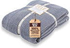 Gold Case Throw Blanket for Bed – 100% Recycled Turkish Cotton Bed Blanket – Decorative Throw Cotton Blankets for Living Room & Bedroom – Elegant Navy Blue Woven Queen Blankets – 90x90